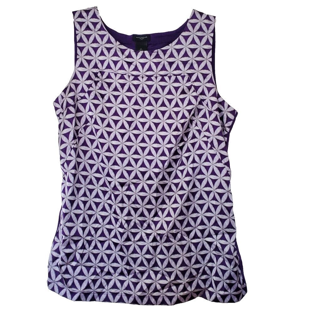 Ann Taylor Sleeveless Top Geometric Design, Purple Satin Womens Size XS